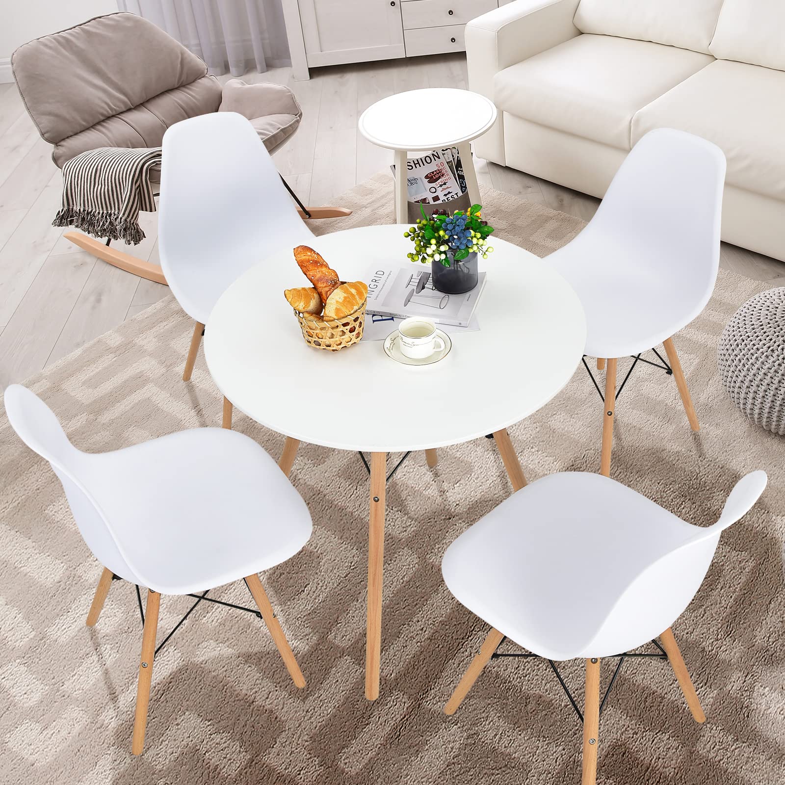 Round Dining Table Set for 4, Modern 31.5" D Dining Table & 4 Dining Chairs with Solid Wood Legs